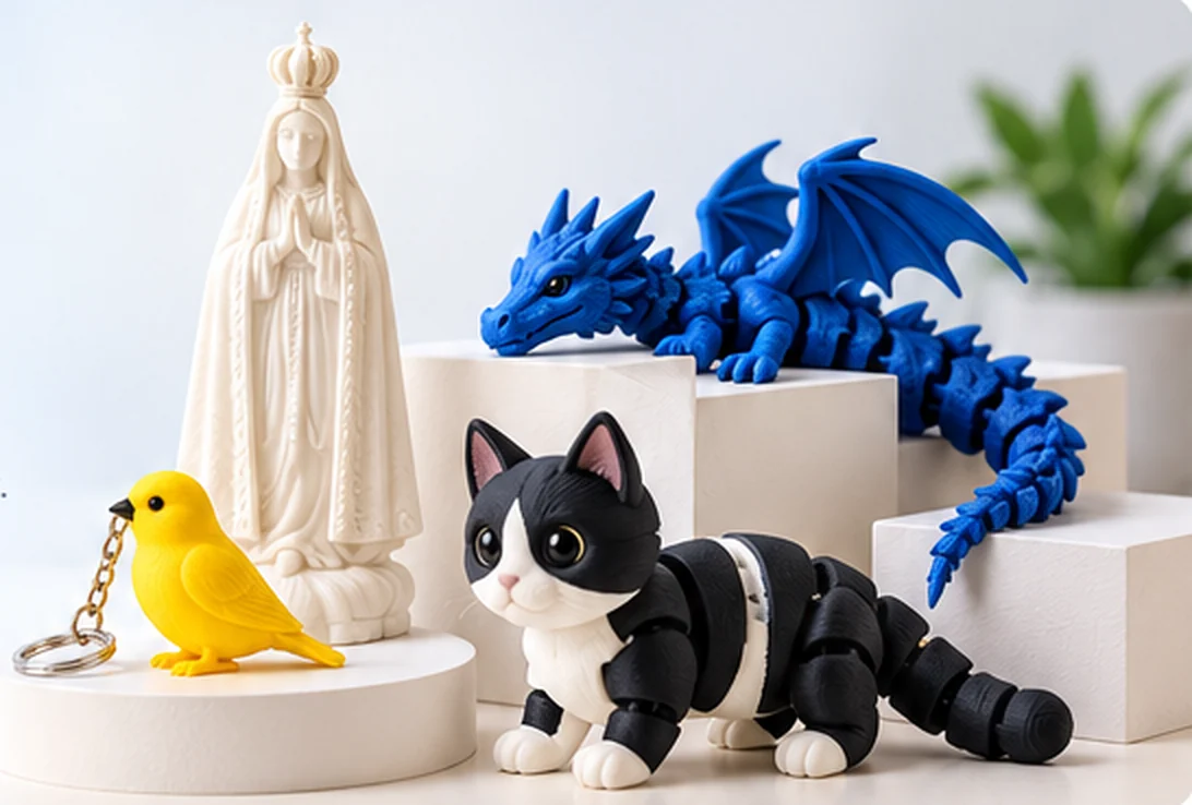 Peças impressas em 3D: imagem religiosa, dragão e gato articulados e chaveiro de canário